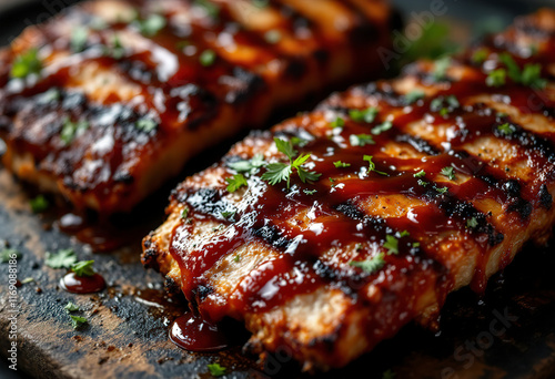 Grilled or smoked ribs and chicken with barbeque sauce