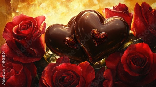 A pair of intertwined chocolate hearts atop a bouquet of roses, framed with soft golden lighting, [eternal love], [symbolic unity] 