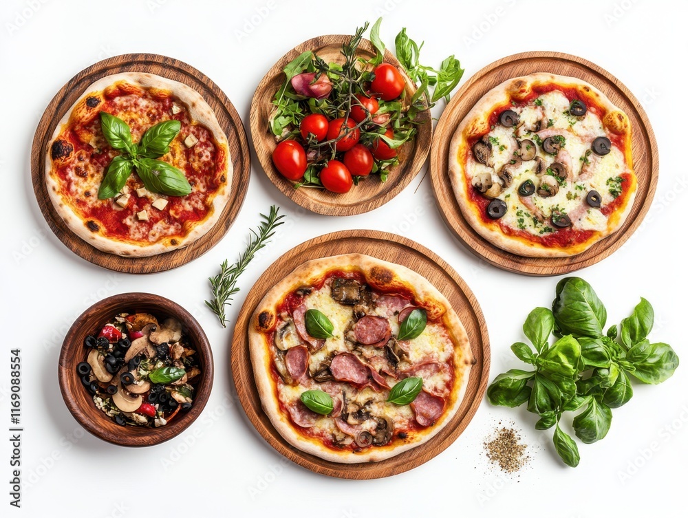 Delicious Assortment of Freshly Baked Pizzas with Toppings and Ingredients Displayed on Wooden Plates Against a White Background Delicious Assortment of Freshly Baked Pizzas with Toppings and Ingredients Displayed on Wooden Plates Against a White Background