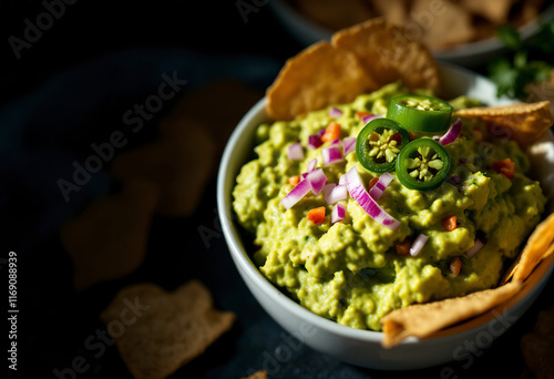 Guacamole with red onion and Jalapeno pepper in a white bowl with chips
