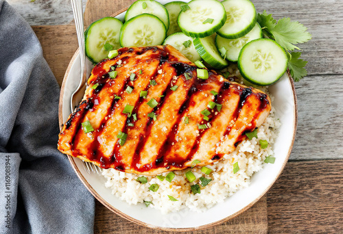 Grilled teriyaki honey ginger chicken breast with rice and fresh cucumber
