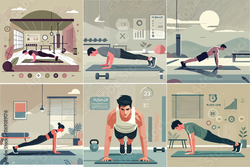 A person doing push-ups on a yoga mat in a modern gym, using a minimalist background with flat design elements and muted colors