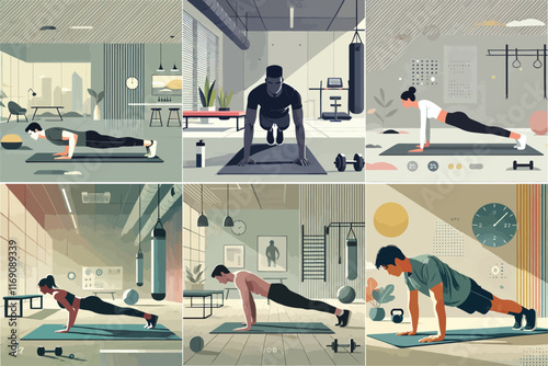 A person doing push-ups on a yoga mat in a modern gym, using a minimalist background with flat design elements and muted colors