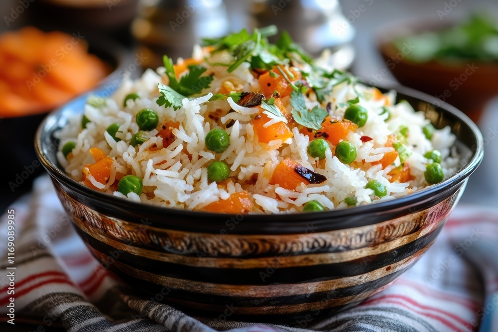 A bowl of rice with peas and carrots A bowl of rice with peas and carrots