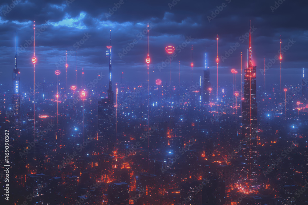 A modern city with a wireless network connection concept and cityscape. Technology concept. A modern city with a wireless network connection concept and cityscape. Technology concept.