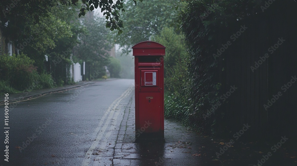Historic red mailbox stands prominently on a British street, symbolizing timeless communication and cultural heritage. Historic red mailbox stands prominently on a British street, symbolizing timeless communication and cultural heritage.