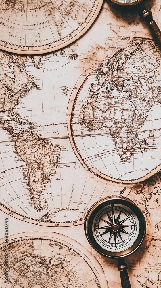 Fototapeta premium A detailed close-up of a vintage world map laid out on an old wooden table. Surrounding elements include a compass, magnifying glass, and antique keys. Warm sepia tones create a nostalgic atmosphere.