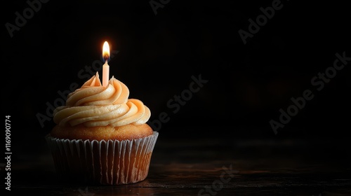 Celebrate with a birthday cupcake featuring a single candle and plenty of copyspace for happy wishes and messages photo