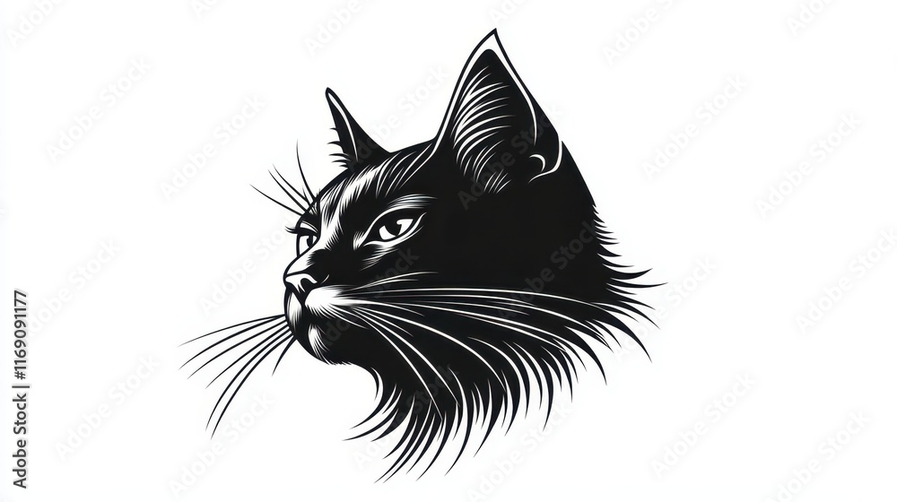 Obraz premium Black and white cat logo featuring a detailed illustration of a feline head with prominent whiskers and expressive features