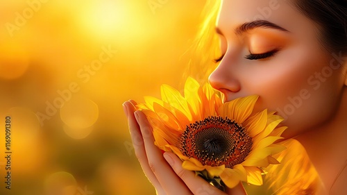 Romantic portrait of a young woman with her hands cupping a sunflower, warm and radiant,