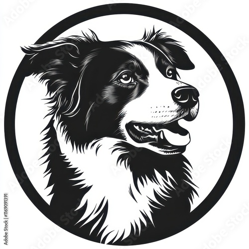 Black and white dog logo featuring a friendly canine face with expressive eyes and a playful grin in a circular design photo