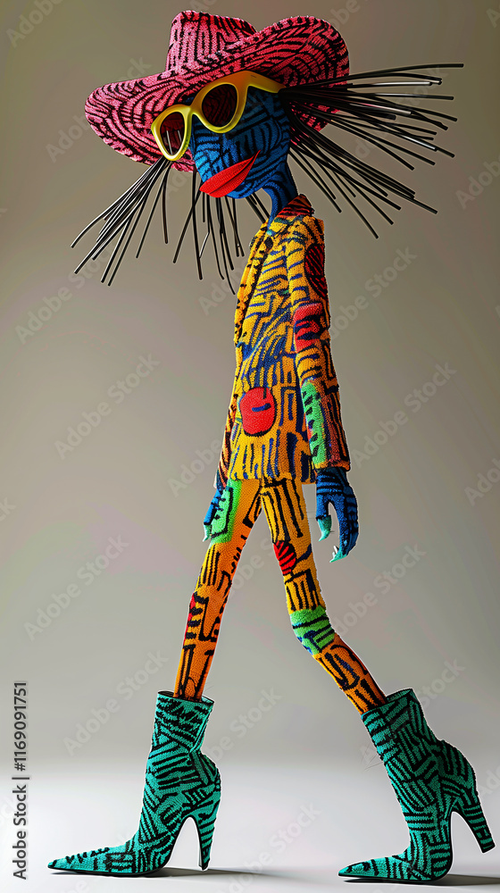 Obraz premium Futuristic anthropomorphic cat in colorful attire with green boots, walking confidently. Abstract, vibrant background enhances modern artistic appeal, perfect for unique designs.