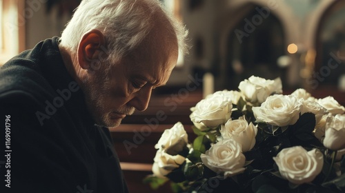 An elderly man bows his head in contemplation while seated in a serene church, surrounded by soft light and a bouquet of fresh white roses. He seems lost in thought, possibly remembering a loved one