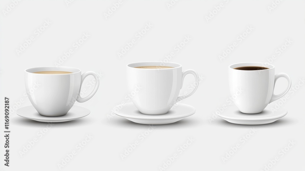 White realistic coffee mug. Hot cup latte mocha cocoa cappuccino, americano or espresso for breakfast. Isolated 3d takeaway drink set White realistic coffee mug. Hot cup latte mocha cocoa cappuccino, americano or espresso for breakfast. Isolated 3d takeaway drink set