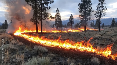 Field in flames, fire crawling along edge, ash-filled air