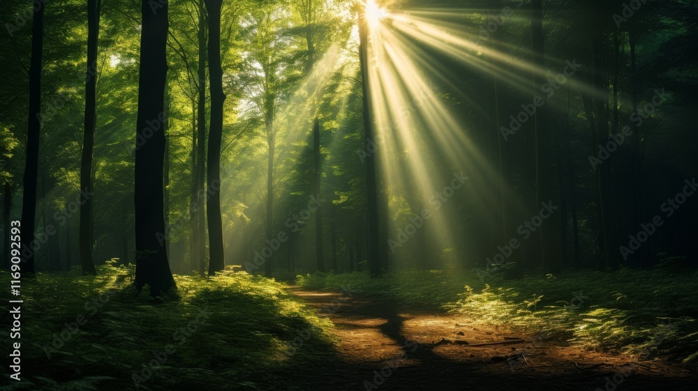 Obraz premium Golden rays of sunlight penetrate the thick canopy of trees, casting a warm glow on a tranquil forest path. The atmosphere feels peaceful and refreshing as nature awakens