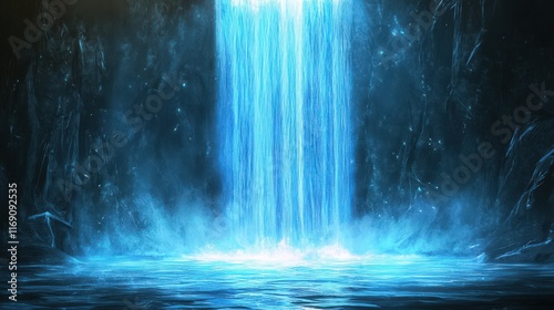 Serene Blue Waterfall in a Dark Cave