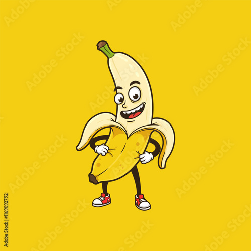 A cheerful cartoon banana character with red sneakers is depicted standing with a playful expression.