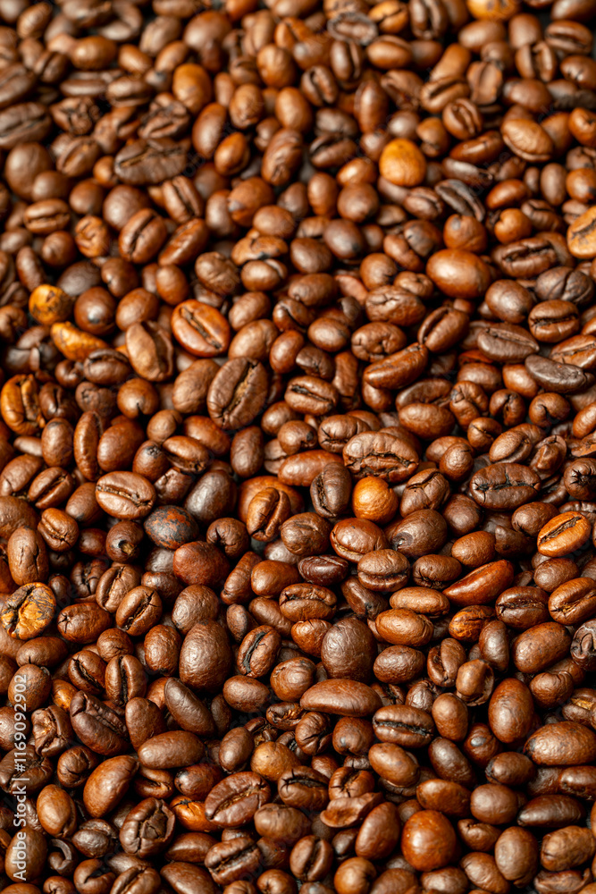 Coffee beans arranged closely in a rustic setting Coffee beans arranged closely in a rustic setting