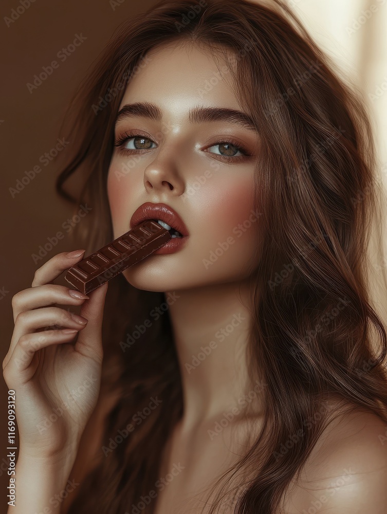 Beautiful woman holding a bar of chocolate to her lips Beautiful woman holding a bar of chocolate to her lips