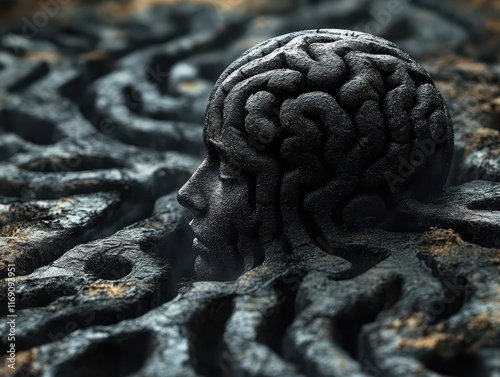Exploring the labyrinth of thoughts and the weight of overthinking in an abstract representation of the mind
