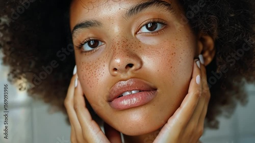 A woman showcases her radiant skin and natural beauty while gently holding her face. The calm home atmosphere enhances the focus on her features, promoting a sense of wellness.