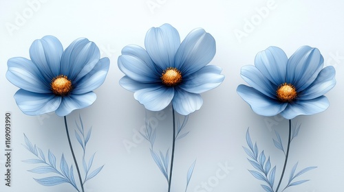 Three light blue cosmos flowers with gold centers on a light blue background. photo