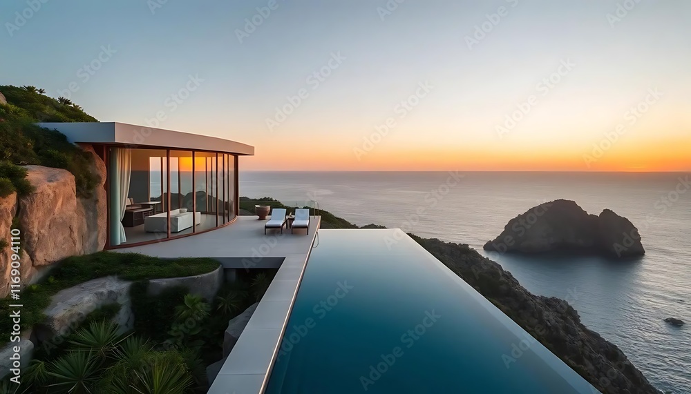 Fototapeta premium Infinity Edge Swimming Pool Overlooking Ocean at Sunset with Modern Wooden Deck and Outdoor Lounge Area. Luxury Coastal Architecture Design.