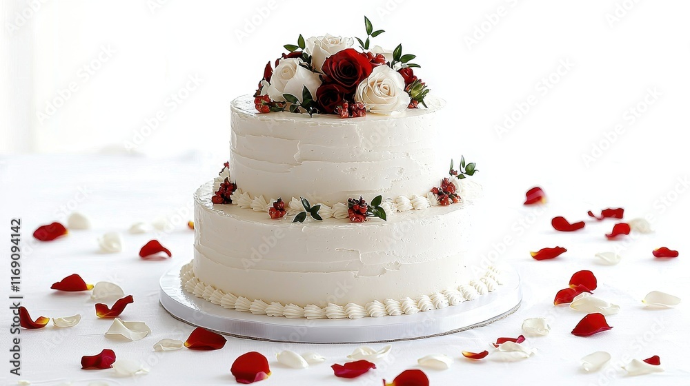 Elegant Three-Tier Wedding Cake Adorned with Fresh Roses and Petals on Soft Light Background Elegant Three-Tier Wedding Cake Adorned with Fresh Roses and Petals on Soft Light Background