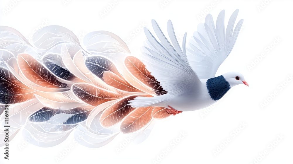 Obraz premium A free-flying white dove, wings spread, mid-flight motion blur, realistic feather details, isolated on white background