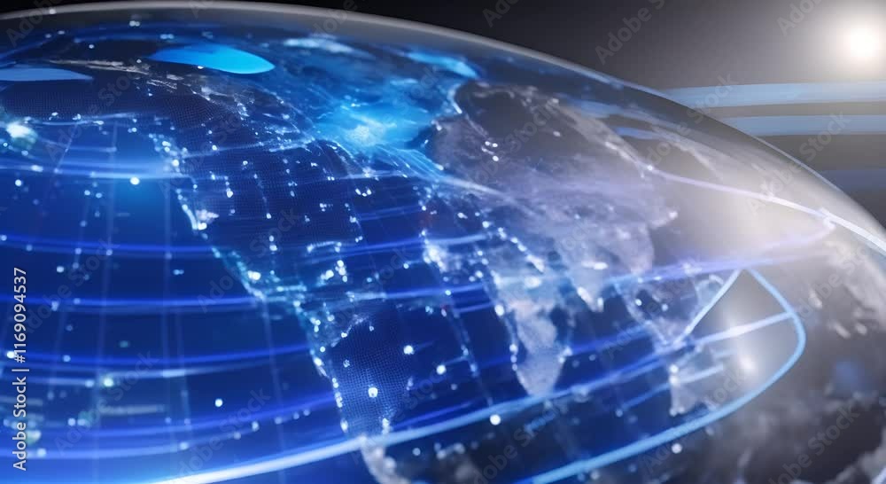 Futuristic depiction of worldwide communication with bright blue data streams flowing between major cities on a rotating black and blue globe