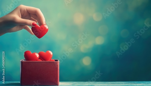 Sincere Devotion: A Hand Placing Red Hearts In A Donation Box For Donorship, Life Saving, And Charity On Valentine'S Day photo