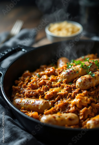 Pulled pork with cheesy sausage links in a cast iron pan
