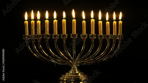 Lit Menorah on dark background for Hanukkah celebration. (2) photo