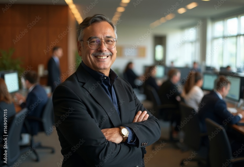 Fototapeta premium Male boss stands in front of employees, hands crossed