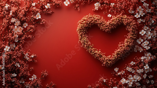 Light red background with a gold heart outline and soft flowers around the edges, leaving space in the middle for text. with copy space for text