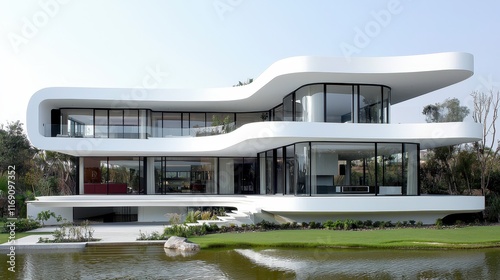 Modern architectural masterpiece featuring fluid design and extensive glass facades near a tranquil water body photo