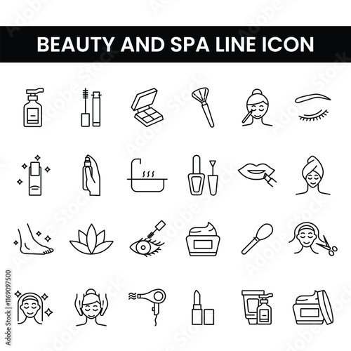 Beauty and spa line icon set featuring makeup, skincare, and salon tools. Includes cosmetics, hair styling, wellness elements and spa essentials. For beauty related designs, branding, and social media