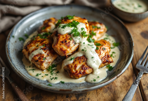 Roasted chicken thighs with dill pickle creamy sauce