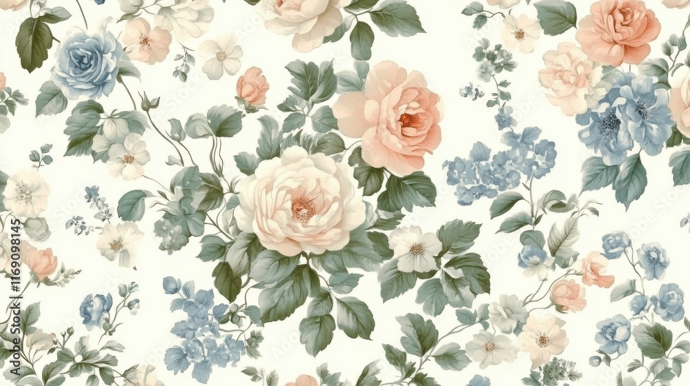 Fototapeta Pattern With Peony Branches. Floral Print. Indulge in timeless elegance with exquisite Floral Toile De Jouy Seamless Pattern. Pastel color, pastel tone