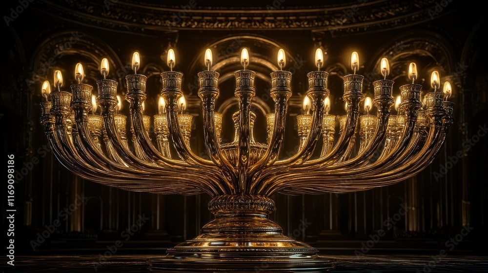 Obraz premium Lit Menorah in ornate temple interior.