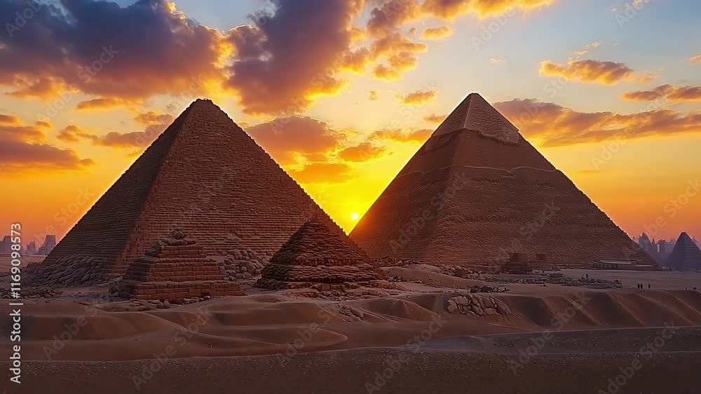 This Visitors admire the breathtaking sunset behind the ancient pyramids of Giza, Egypt.
