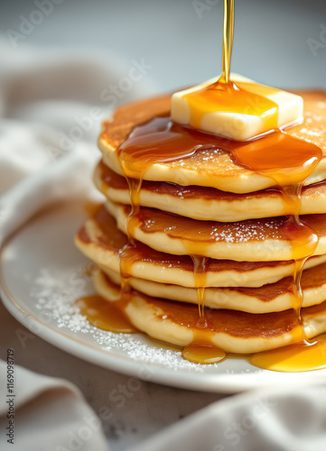 Stack of pancakes with butter and syrup pouring over, clean and simple breakfast setting