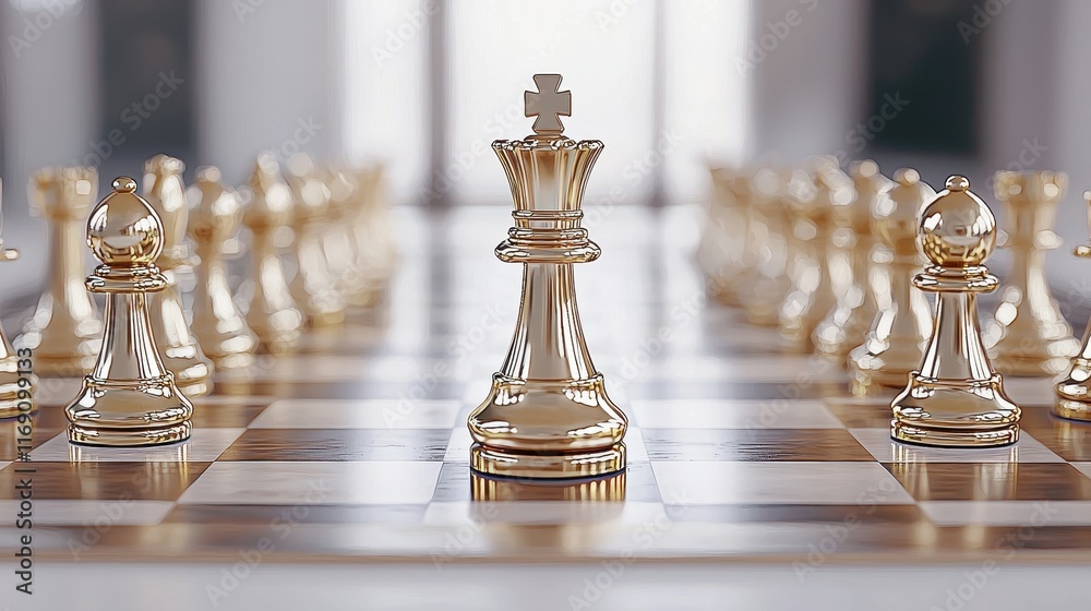 Elegant Golden Chess Pieces on a Polished Board with Depth of Field in a Well-Lit Room Elegant Golden Chess Pieces on a Polished Board with Depth of Field in a Well-Lit Room
