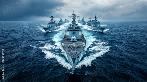Powerful military fleet at sea, close-up view of navy destroyers flanking aircraft carrier, detailed ocean waves and stormy skies