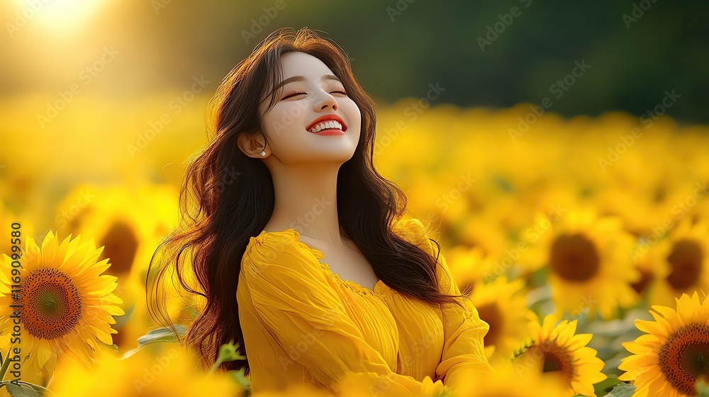 Naklejka premium Charming lady in a sunflower field, her smile radiating joy and natural beauty,