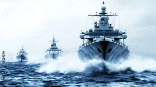 powerful navy carrier strike group, military ships navigating the Pacific Ocean, digital concept art, dynamic waves, isolated on white background photo
