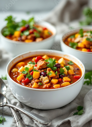 Traditional chili soup with meat, vegetables and red beans in white bowls with all the toppings