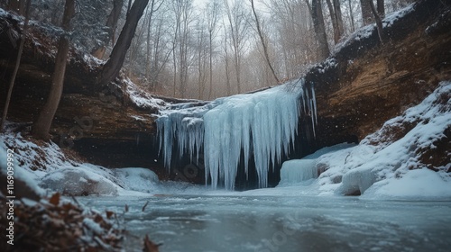 Frozen Waterfall In A Winter Forest Scene photo