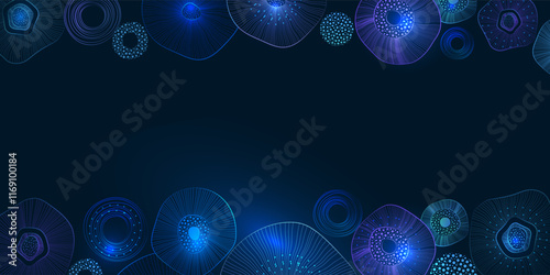 Microcosm Glow. Luminous abstract cells on a dark background. Perfect for medical, scientific, or tech visuals, blending aesthetics with precision. Copy space. Vector illustration